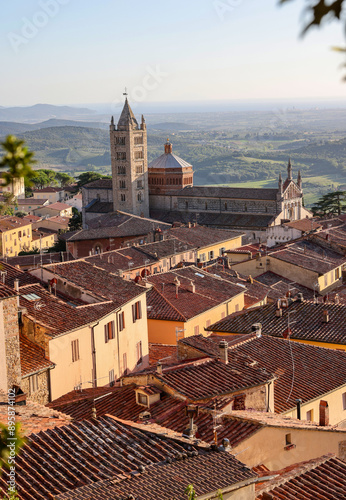 Massa Marittima old town and San Cerbone Duomo cathedral. Tuscany, Italy.