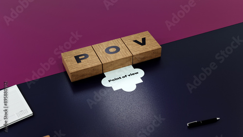  POV abbreviation of Point of view, 3D acronym wood text block concept on purple and dark blue background