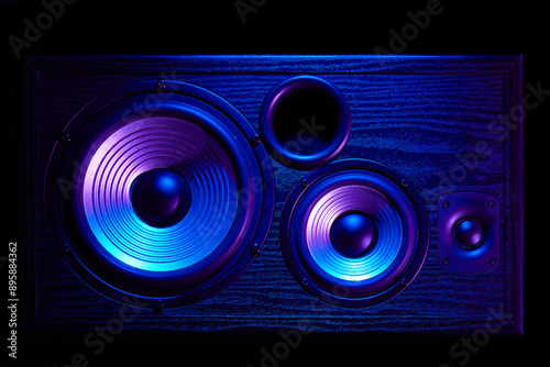 Sound speaker in neon light. Modern hi-fi loudspeaker against black background. Sound audio equipment with neon lights. Dynamic sub monitor close up. Creative backgroound