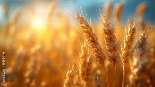 Golden Wheat Field at Sunrise, Ideal for Agricultural and Harvest Content