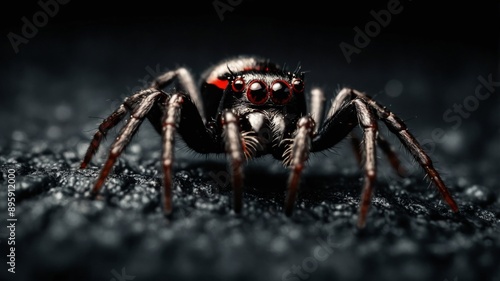 Creepy Black Spider - Arachnophobia Concept - Black Background - Red Eyes.