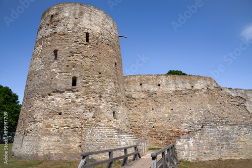 At the ancient tower. Izborsk fortress. Pskov region, Russia