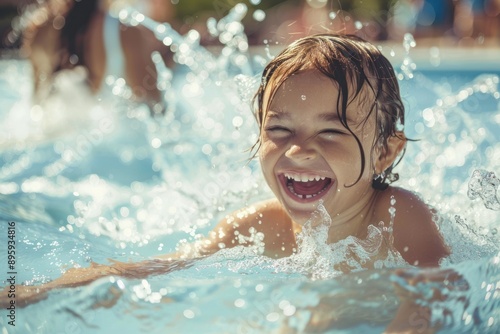 little laughing children playing in a water park, a child splashing in a summer outdoor pool, portrait, toddler kid