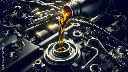 New motor oil being poured into a vehicle engine