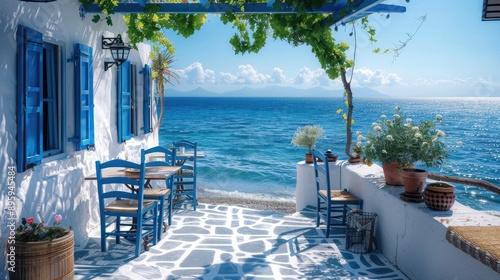 Typical blue and white Greek restaurant, taverna by the sea