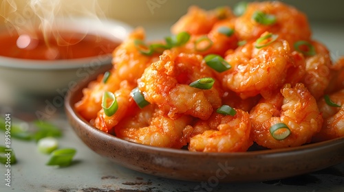 Crispy tempura shrimp, golden batter texture, scattered green onions, gradient pale yellow background, small bowl of vibrant red tomato sauce, food photography, macro details.