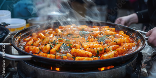 Delicious Korean cuisine Tteokbokki, spicy rice cake in market, street food