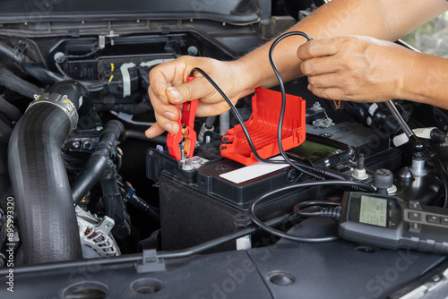 Man is measuring AGM battery power of suv car by battery tester at home.