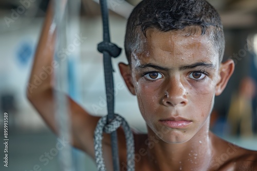 A young boy, drenched in sweat and gripping a rope, stares directly at the camera with an intense look of determination and focus, conveying strength and commitment.