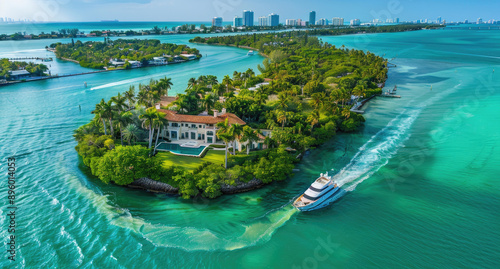 A stunning aerial view of the beautiful Beach and its luxurious mansions. It is located on an island in front of a waterway, with some boats passing. The ocean around has a vibrant turquoise col