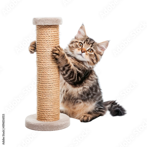 Kitten sharpening her claws on the scratching post. Isolated on transparent background.