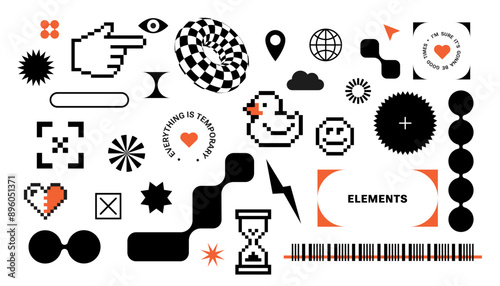  Y2k retro futurism sticker pack. Pixel art. Swag Geometric abstract simple shapes. Funny naive design elements. 8bit icons, Brutalist style, Black and white. Cursor, Hourglass, pixelated rubber duck