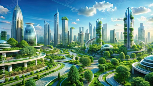 Ideal futuristic city with sustainable infrastructure and lush greenery , utopia, future, sustainability, city