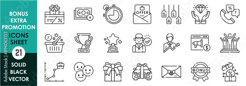 A set of line icons related to bonus, extra and promotion. Job, advertisement, payment, business, deal, gift, offer, reward, medal, prize, level, sale, and so on. Vector outline icons set.