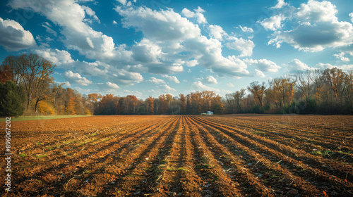 Plowed farmland with clear sky and autumn trees.