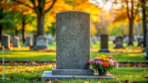 Blank Gravestone with Flowers in a Cemetery.