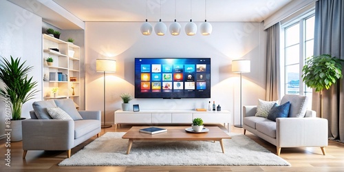 Smart TV in Modern Living Room. Bright, contemporary living room featuring a large smart TV displaying a colorful app interface. 