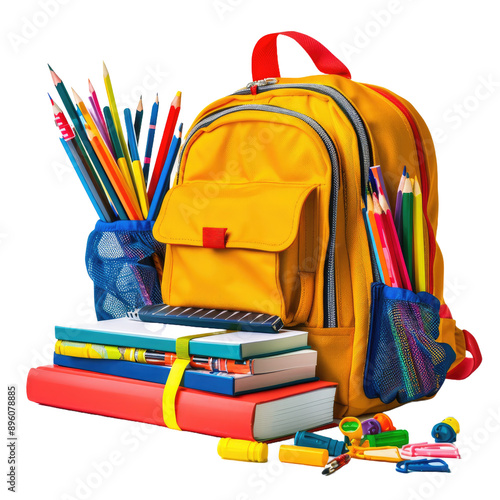 Classic school backpack with colorful school supplies and books on white background