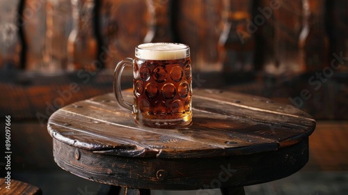 A rustic wooden table adorned with a vintage beer stein, its amber-colored ale filling the vessel, evoking a sense of warmth and camaraderie.