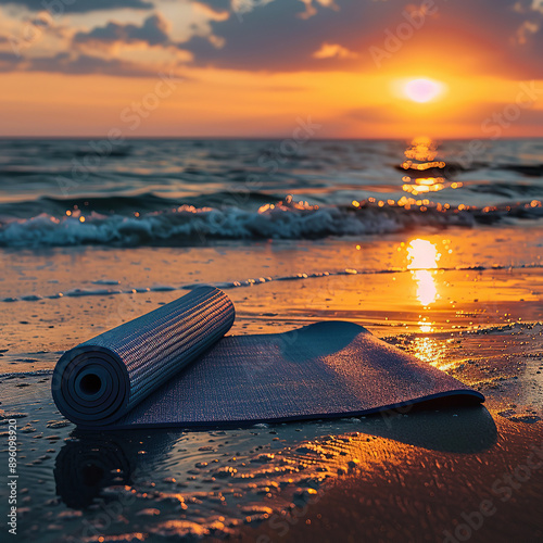 Zestaw do jogi na plaży podczas malowniczego wschodu słońca