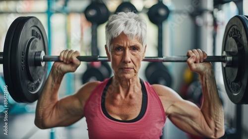 Senior woman defying age stereotypes by lifting weights with determination, showcasing strength and resilience.