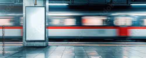 A dynamic subway scene featuring an abstract motion blur of a train passing by a station platform with an empty advertising space.