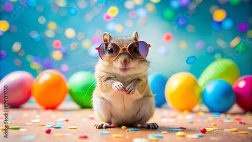 Adorable small rodent wearing trendy sunglasses sitting on a colorful background with confetti and balloons, exuding fun and carefree summer vibes.