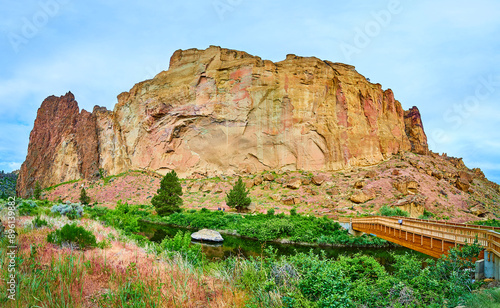 Smith Rock Layers Over River and Bridge from Elevated View