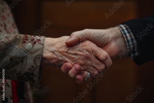 A young man and an elderly woman share a firm handshake, symbolizing unity and respect. The uniform backdrop highlights the significance of the moment.