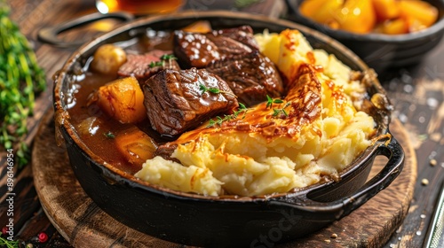 Steak and ale pie with a golden crust, served with a side of mashed potatoes