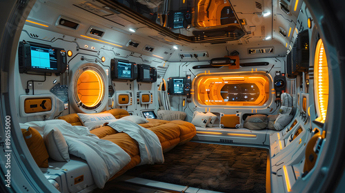 A high-tech bedroom in a space station featuring advanced technology, orange ambient lighting, and a modern, cozy design