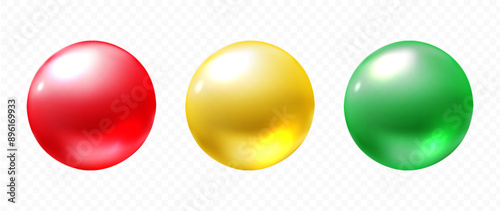 Red, yellow, green realistic shiny balls, vector 3d glossy orbs isolated on transparent background. Stop light concept. Bright colourful balls in a row