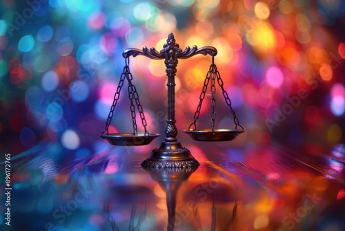 Scale of justice on a table with a colorful background