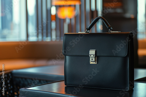 Black leather briefcase sitting on a table in a hotel lobby