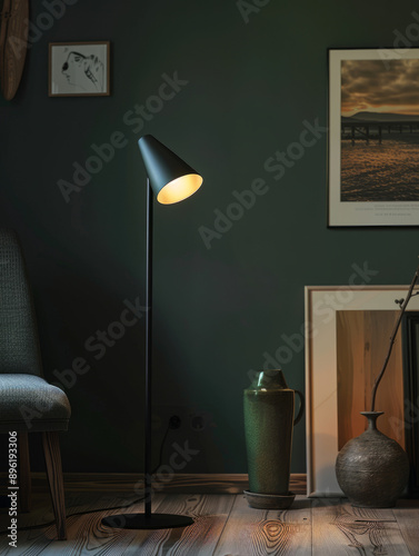 Modern floor lamp illuminating a cozy, stylish living room corner.