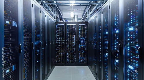 A server room with rows of blade servers and cooling systems, powering critical business applications and online services.