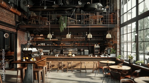 Loft-themed cafe interior in dark shades, featuring an open plan and a selection of freshly brewed coffees, creating an inviting backdrop for a delightful coffee shop experience