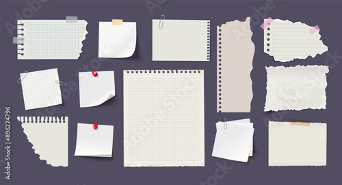 Blank white paper with push pin, paper clip and adhesive tape. Set note sheet, sticky note, notebook page, torn piece of paper. Templates for note message. Vector illustration. Isolated background