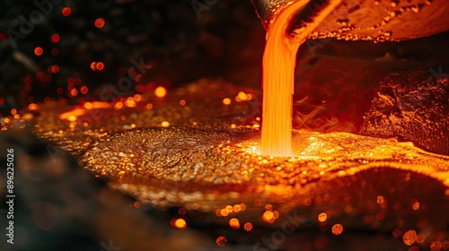 Molten metal is poured from a refractory ladle. Metal smelting. Industrial background with molten hot alloy. Steel Foundry. Illustration for advertising, marketing or presentation.