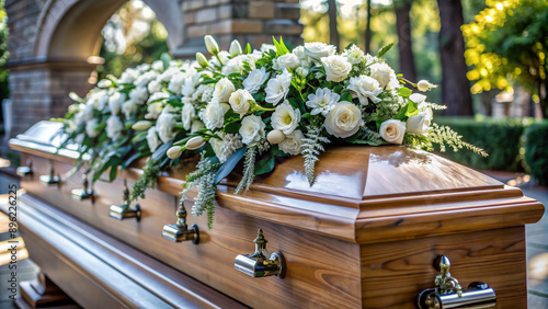 A serene and solemn funeral scene features a coffin adorned with a profusion of white flowers, resting on a pedestal, amidst a dignified church or cemetery setting.