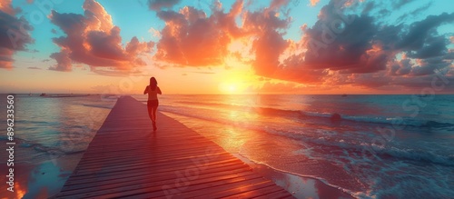 silhouette of sports woman running on wooden boardwalk at sunrise beach