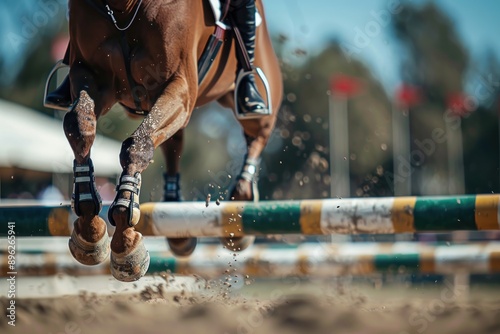 Close up sports themed photograph horse jumping over an obstacle