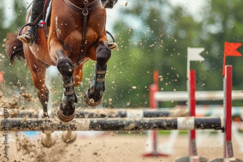 Close up sports themed photograph horse jumping over an obstacle