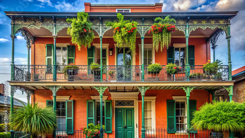 Vibrant colorful shotgun style home with ornate ironwork balcony, coral stucco facade, and lush greenery overflowing from balconies in historic New Orleans neighborhood.