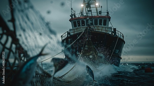 a fishing boat with a large net overfishing depleting marine life fish struggling in the net