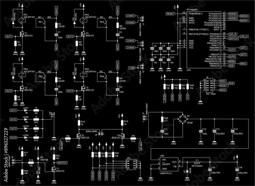 Schematic diagram of electronic device on sheet of paper. Vector drawing electrical circuit with microcontroller, connector, led, resistor, integrated circuit, capacitor, diode, coil, other components