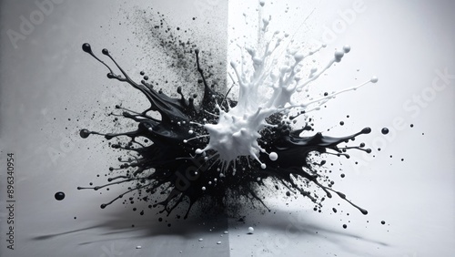 Black and White Paint Explosion, Abstract Art, Splashes, Contrast, Yin Yang, Black, White