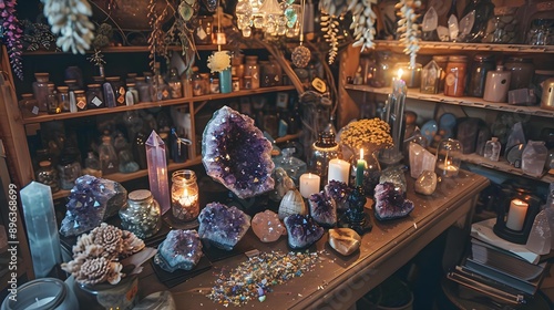 Mystical and sublime crystal shop with precious stones