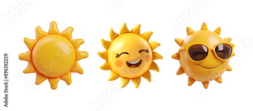 Summer Sun Set Collection: Happy Cartoon Sun, 3D Render of Sun with Sunglasses Character Close Up Illustration, Isolated on Transparent Background, PNG