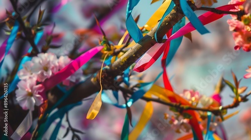 colorful ribbons on blossoming tree in Spring garden natural background Symbol of Beltane Wiccan Celtic Holiday beginning of summer magic witchcraft folk traditions rituals banner : Generative AI